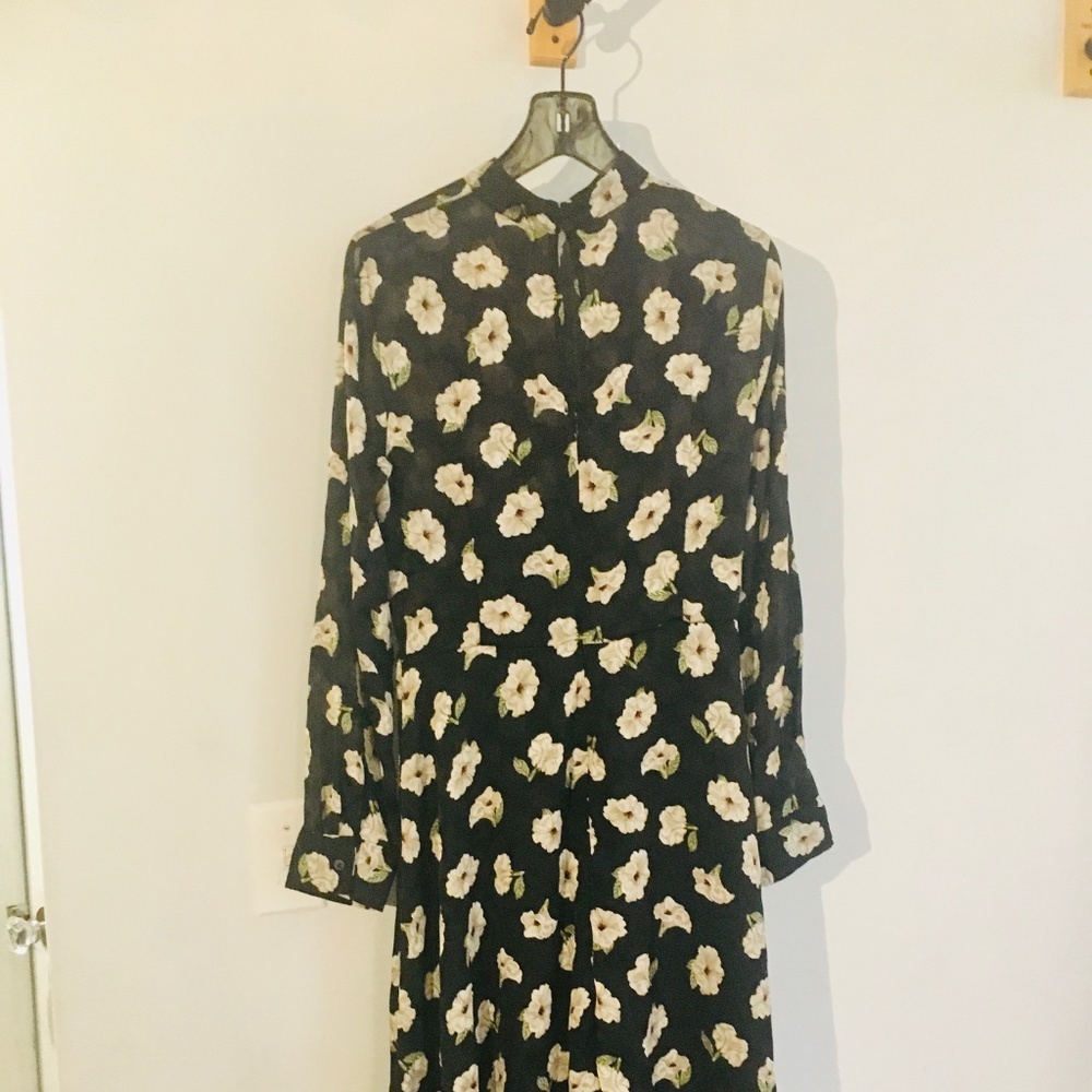 Zara Black Floral Long Sleeve Midi Dress with Cream Flowers